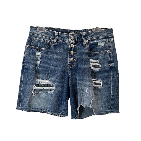 Maurices Mid Rise Cut Off Distressed Exposed Button Fly Bermuda Jean Shorts Sz 6 - Picture 1 of 10